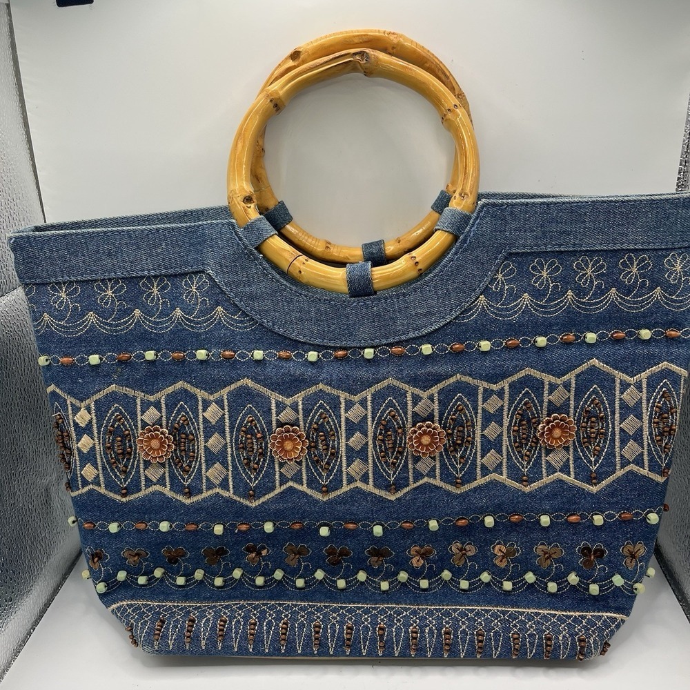 Prespas Denim Handbag Embroidered Beaded Flowers Round Bamboo Handles Blue Tan